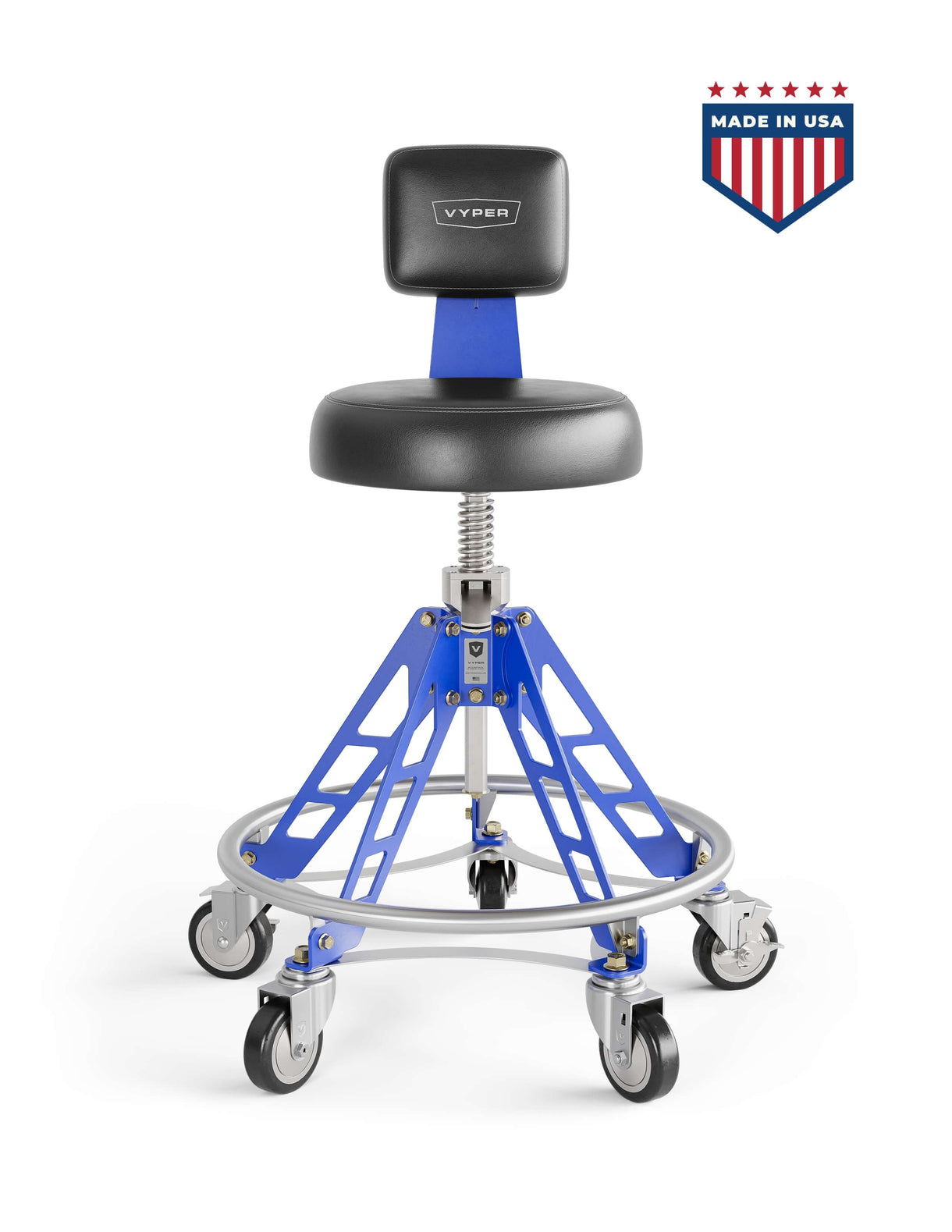 Adjustable rolling stool with a black seat and blue frame, labeled 'Made in USA.'