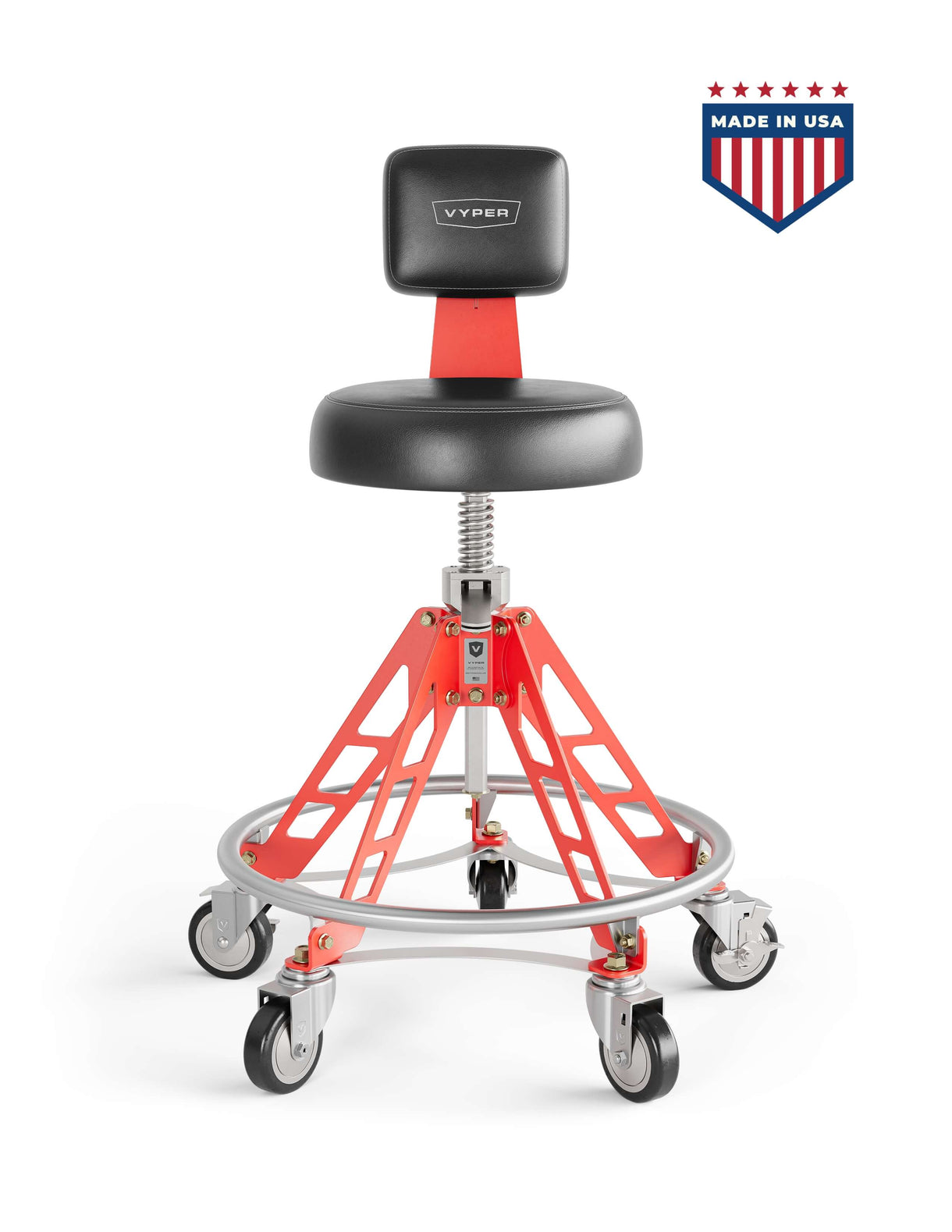 Adjustable rolling stool with a black seat, red legs, and wheels, labeled 'Made in USA'.