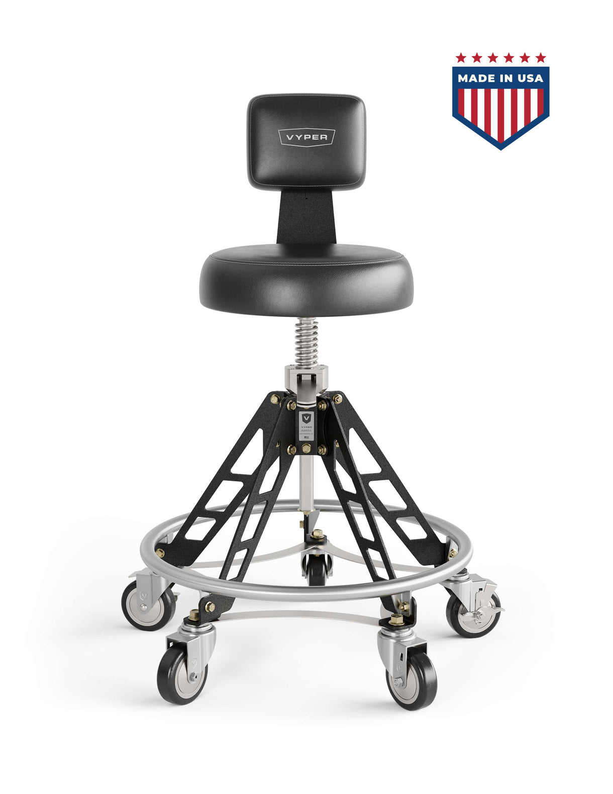 Rolling stool with adjustable height and backrest, featuring a 'Made in USA' emblem.