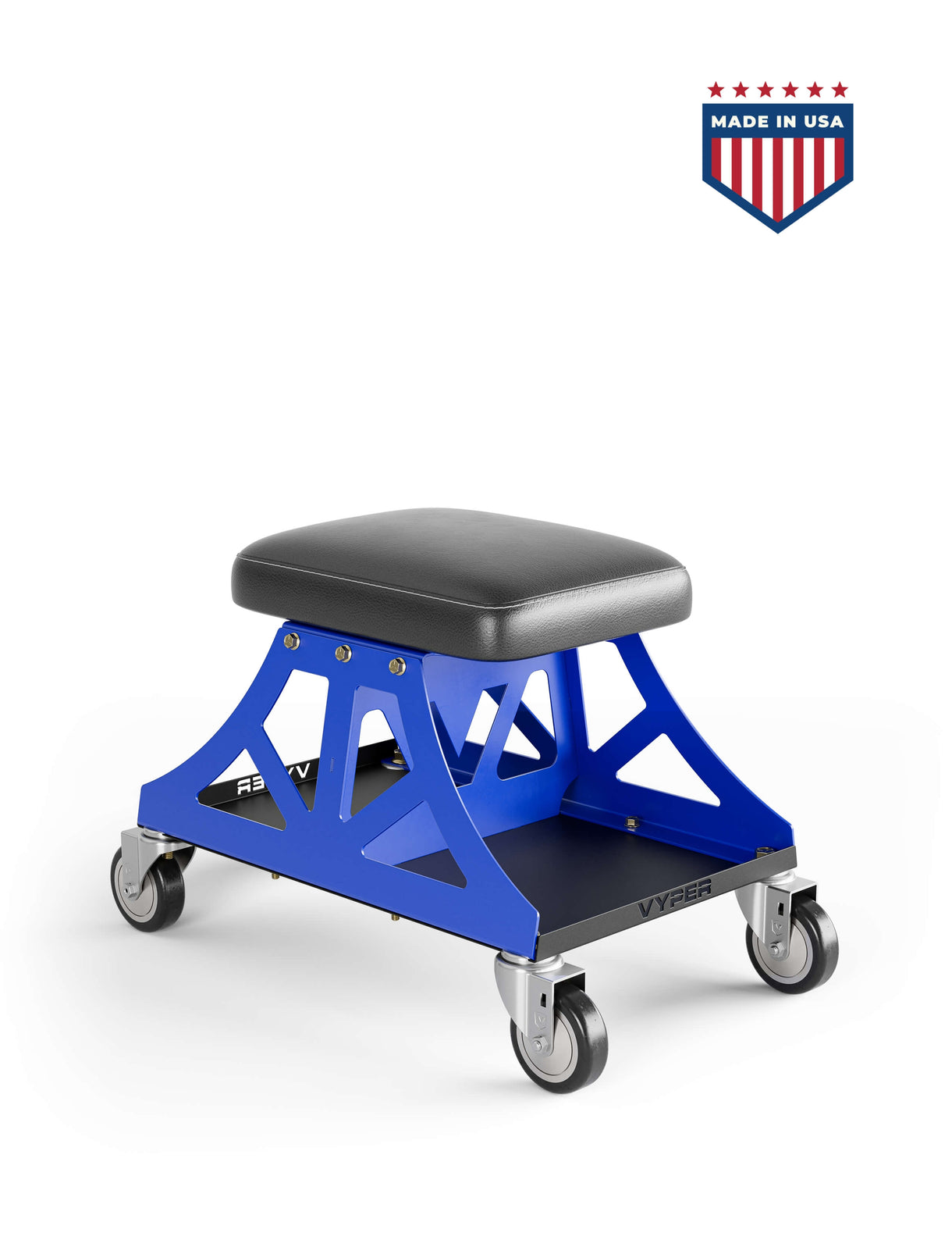 Blue rolling stool with padded seat and 'Made in USA' badge.