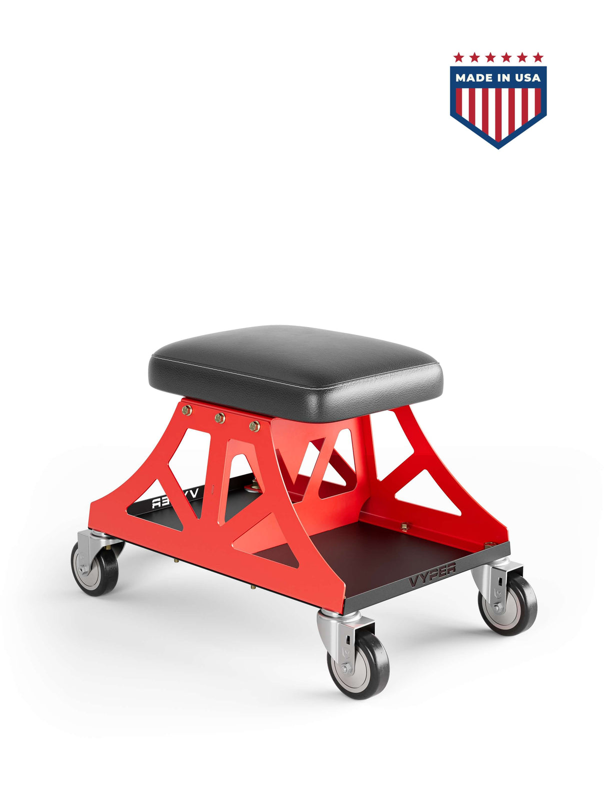 Red rolling mechanic stool with padded seat and four wheels, 'Made in USA' logo above.