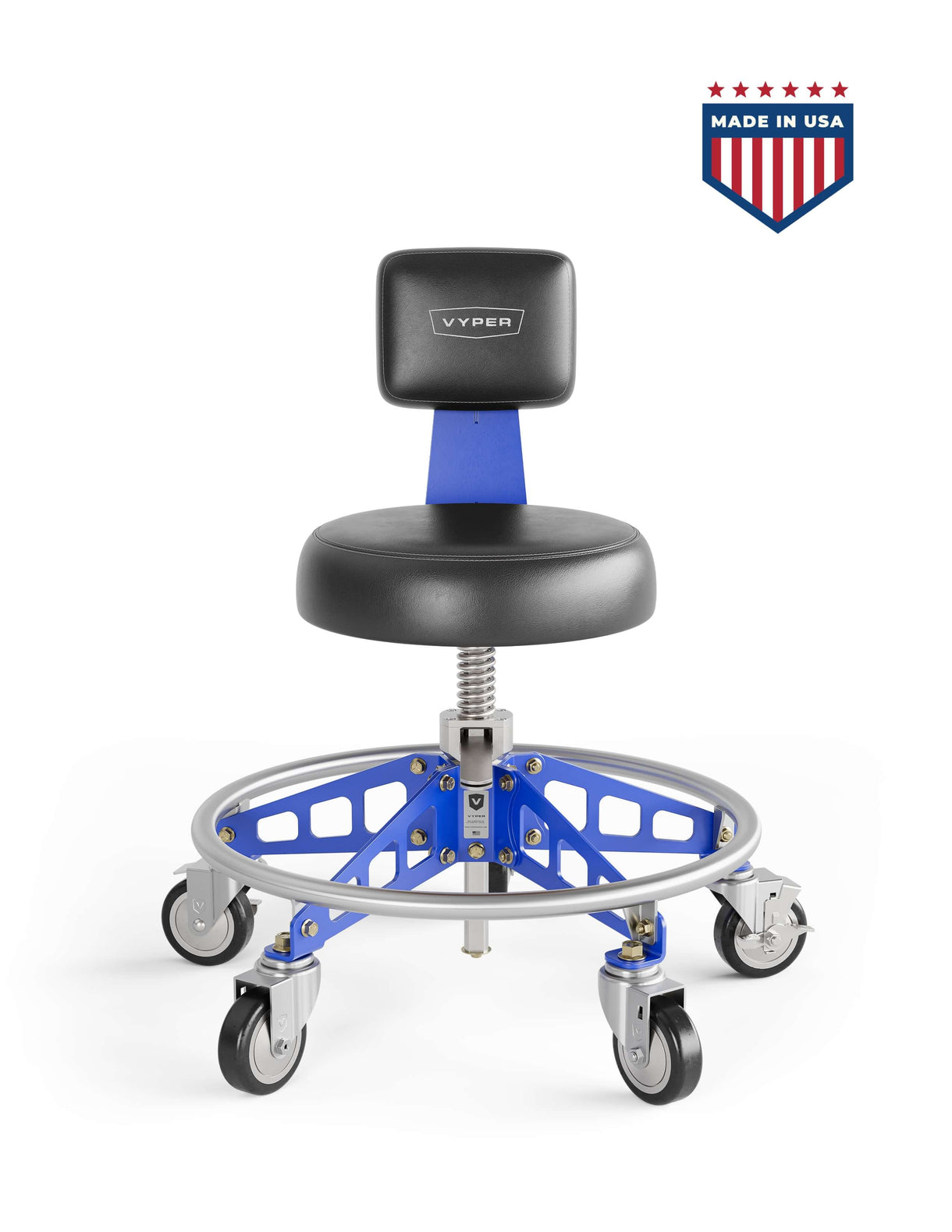 Roller stool with backrest and blue accents, labeled 'Vyper,' on casters. Made in USA emblem.