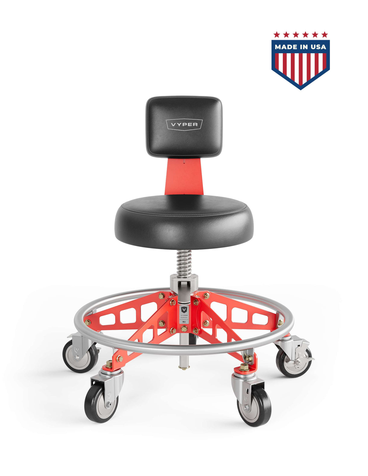 Rolling mechanic's stool with a backrest, featuring a red and black design.